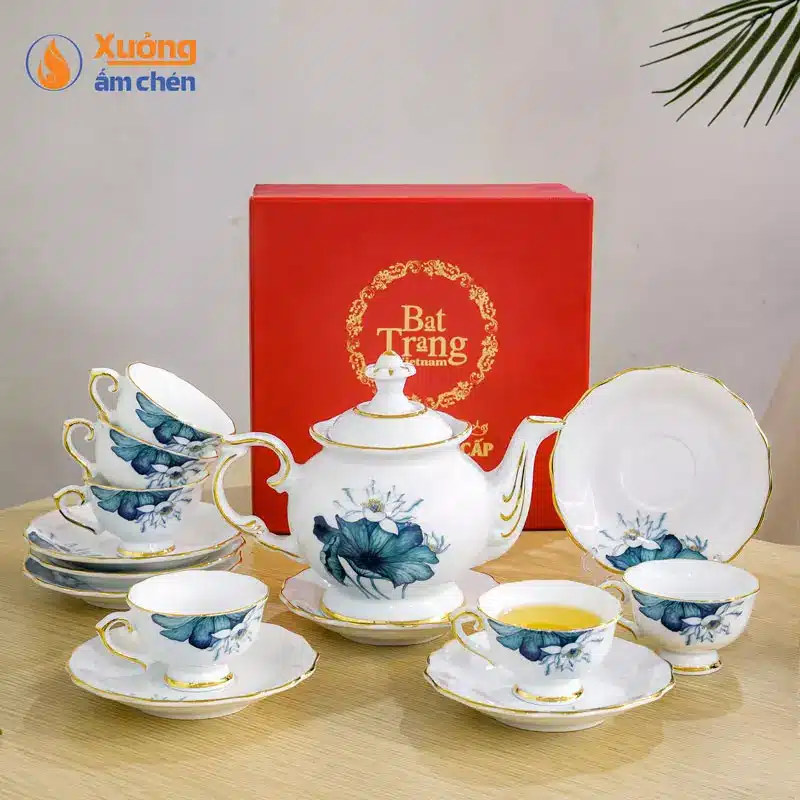 Bộ Ấm Chén Bát Tràng Đài Các Hoa Sen Xanh
