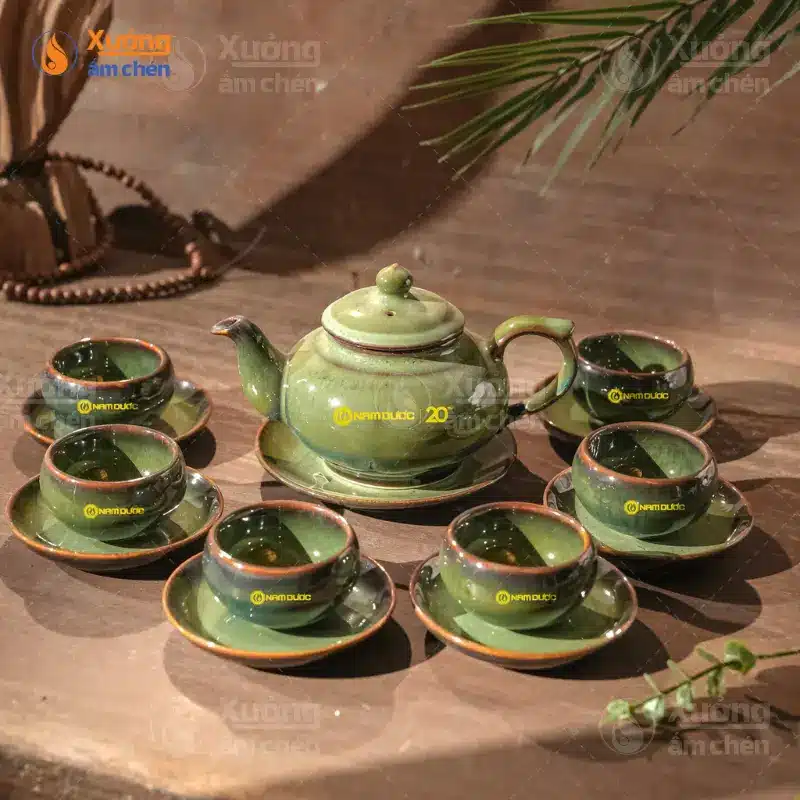 Bộ ấm trà men hỏa biến in logo