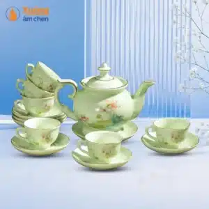 Bộ Ấm Chén Men Ngọc Sen Nước Viền Vàng Kim