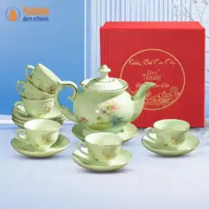 Bộ Ấm Chén Men Ngọc Sen Nước Viền Vàng Kim