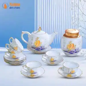 Bộ Ấm Chén Bưởi Lửa Thuận Buồm Viền Vàng Kim