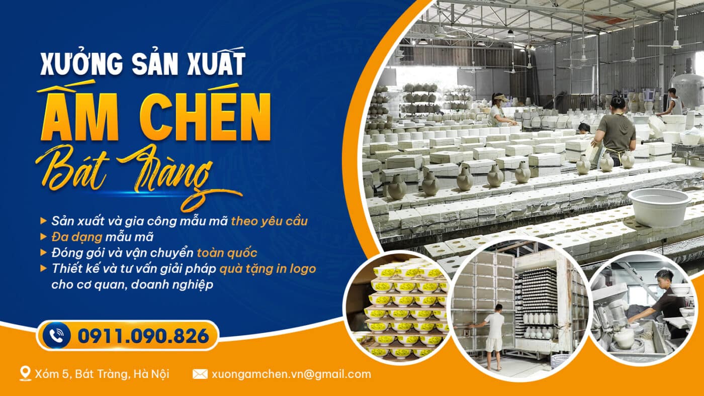 Xưởng sản xuất ấm chén bát tràng in logo