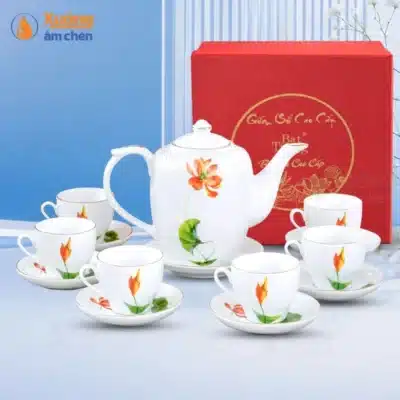 Bộ Ấm Chén Hồng Liên Kẻ Chỉ Vàng