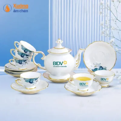 Bộ Ấm Trà Đài Các Sen Xanh Viền Vàng