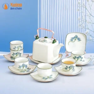 Bộ Ấm Chén Dáng Vuông Họa Tiết Bông Sen Xanh