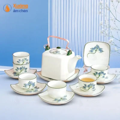 Bộ Ấm Chén Dáng Vuông Họa Tiết Bông Sen Xanh