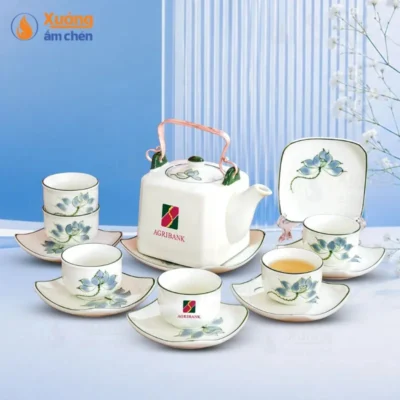 Bộ Ấm Chén Dáng Vuông Họa Tiết Bông Sen Xanh