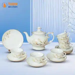Bộ Ấm Trà Đài Các Hoa Mộc Lan Viền Vàng