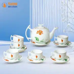 Bộ Ấm Trà Dáng Bưởi Cành Sen Cam Kẻ Vàng
