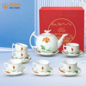 Bộ Ấm Trà Dáng Bưởi Cành Sen Cam Kẻ Vàng