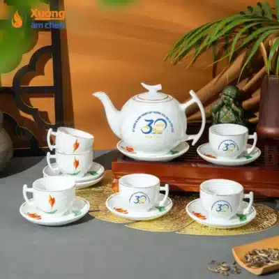 Bộ Ấm Trà Dáng Bưởi Cành Sen Cam Kẻ Vàng