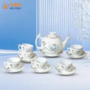 Bộ Ấm Trà Bưởi Cành Sen Nước Viền Vàng